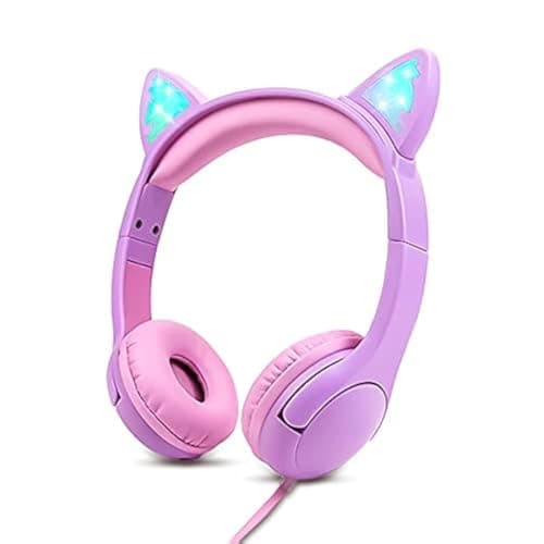 Olyre Kids Wired Headphones with Mic, LED Cat Ears Headset, Toddlers, Girls