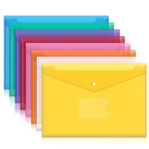 Mutsitaz A4 Plastic Wallets – 8 Pack Document Folders, 8 Bright Colors, Waterproof File Sleeves for Paperwork, School, Office, Home & Travel Organization