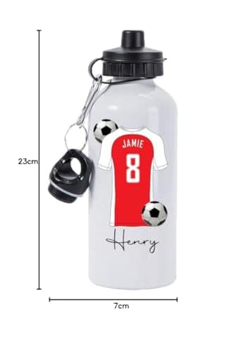 Pickhut Personalised Football 600ml White Aluminium Sports Water Bottle Back to School Gift for Kids, Customised with Name/Number/Text with Football Shirt Red & White Jersey Kit (D3) — view 2
