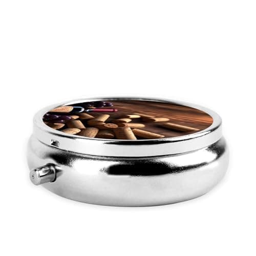 Wine Bottle Corks Grapes Print Pill Box for Pocket Round Pill Box 3 Compartment Decorative Portable Travel Pill Holder Tablet Vitamin Organizer Mini Pill Case(2pcs) — view 3