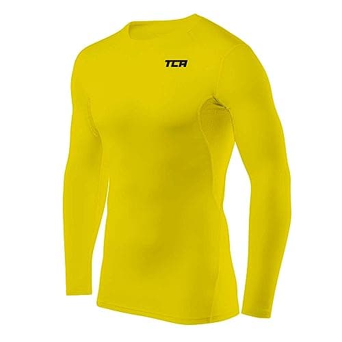 TCA Men's HyperFusion Compression Base Layer Top Long Sleeve Under Shirt - Crew Neck - Sonic Yellow, M