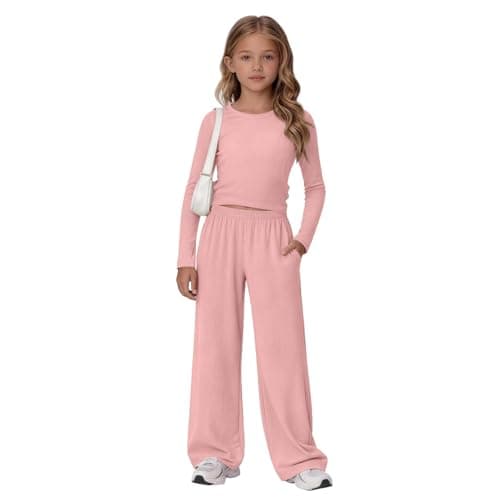2 Piece Sweatsuit Set for Girls Trendy Travel Outfits Cute Gym Workout Causal Long Sleeve Trousers Set Comfy Vacation Outfit Fashion Solid Soft Cozy Comfort Yoga Clothes (Rose Gold, 8-9 Years) — view 5