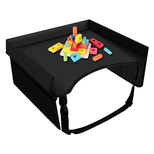 Kids Travel Tray for Toddler Car Seat, Foldable Car Tray Toddler Car Seat Tray with Pocket and Adjustable Shoulder Strap, Kids Car Lap Tray Snack Play Travel Tray for Kids Travel Airplane(Black)
