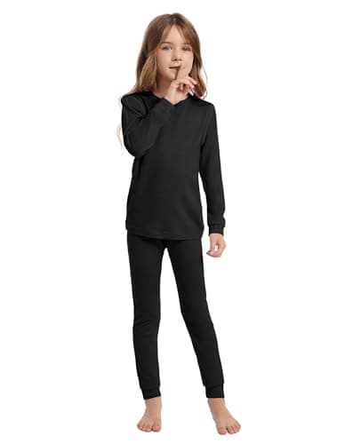 Unisex Kids 100% Merino Wool Base Layer Set Lightweight Black 9-10