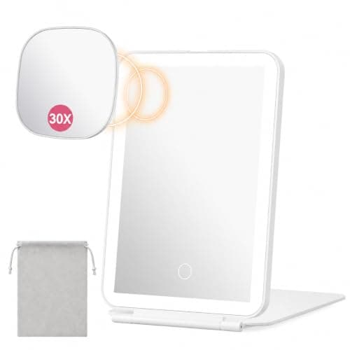 Auxmir Rechargeable Travel Mirror with Lights, 30X Magnifying Makeup Mirror