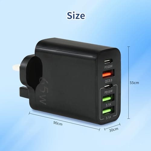 USB Plug Charger, 65W 5-Port Multi Charging Power Adapter with PD 20W Power Adapter QC 3.0 Fast Charging Plug for iPhone Samsung Galaxy, Huawei, Tablet (Black) — view 4