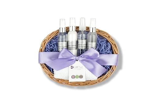 Mums and New Mums Lavender Basket for women, pamper set pamper gift basket with calming lavender spray, body cool gel, body lotion, gift boxed with ribbon and tag