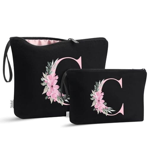Vavabox 2Pcs Initial Toiletry Bags Set Birthday Gifts for Women (C, Black)