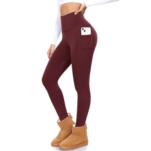 BLONGW Women's Fleece Lined Leggings High Waist Thermal Burgundy with Pockets, Ladies Winter Warm Fur Lined Stretchy Yoga Pants Tights
