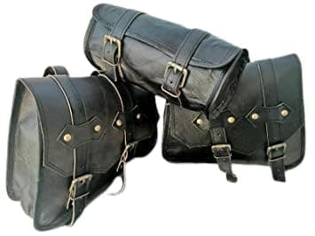HANDBUCKS Saddle Bag Real Vintage Leather 2 Side Bag & 1 Tool Pouch || Motorcycle Swing Arm Panniers (Black), PS-09