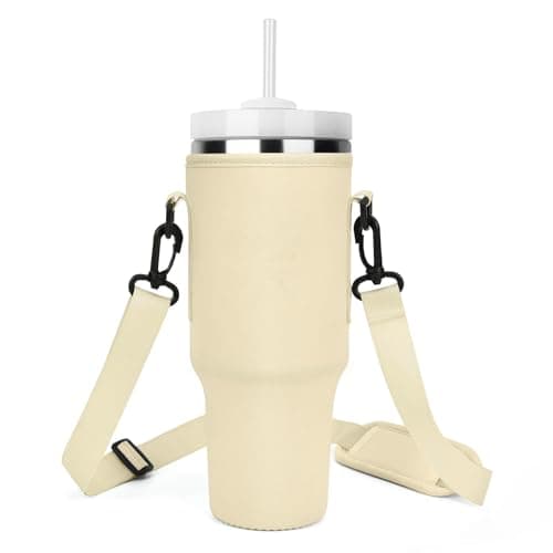 Lafefe Water Bottle Carrier Cover Bag, Stanley 40 Oz Tumbler Cup Accessories, 40OZ Bottle Bag, Adjustable Shoulder Strap and Carabiner Clip, for Mountaineering, Travel, Camping, Skin tone