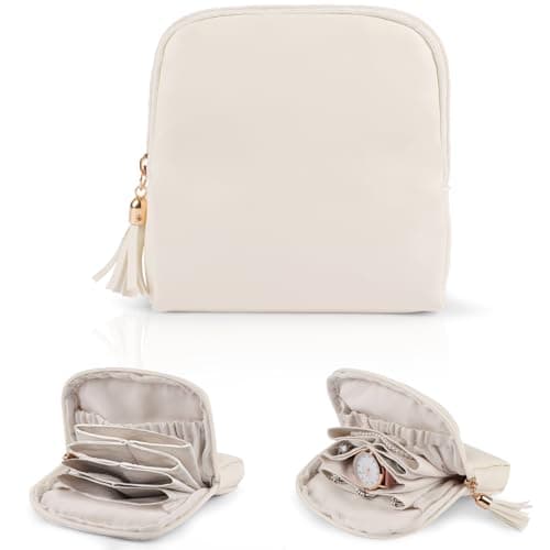 Adiwo Women Jewelry Storage Bag, 6 Layer Jewellery Accessories Pouches, Travel Jewellery Organiser with Zipper, PU Leather, Mini Portable Jewelry Pouch for Trip, for Rings Necklaces Earrings, Beige