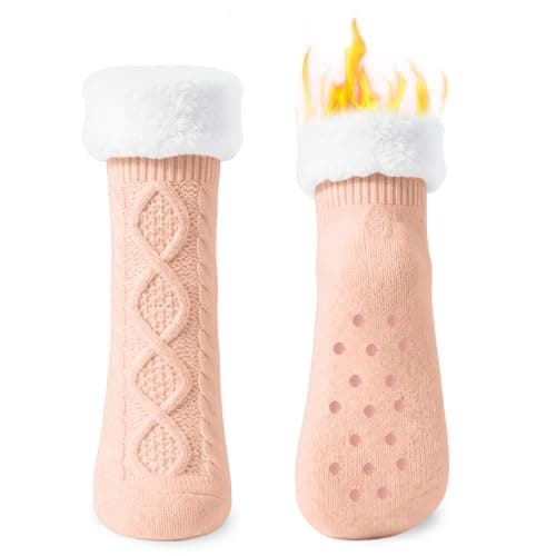 Womens Fleece Lined Slipper Socks, Non Slip Grips Warm Fluffy House Socks