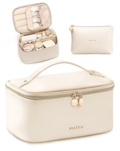 Prite Makeup Bag Toiletry Case for Women with Brush Holder, Beige, 2Pcs Set