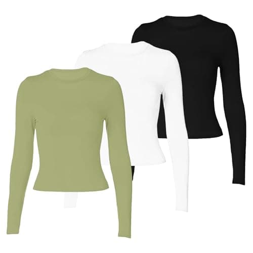 XOUSAEKM Womens 3 Pack Long Sleeve Tops Stretch Fitted Crewneck Jumpers Thermal Base Layer Tops Slim Fit Warm Underwear Lightweight Breathable & Easy Care Shirts Ladies Fall Winter Soft Pullover — view 3