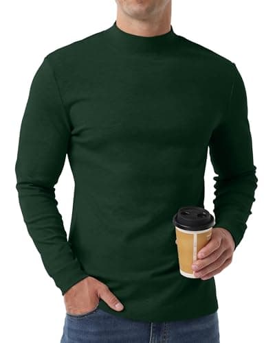 QIXING Men's Thermal Top, Long Sleeve Mock Neck Cotton Base, Dark Green, L — view 2