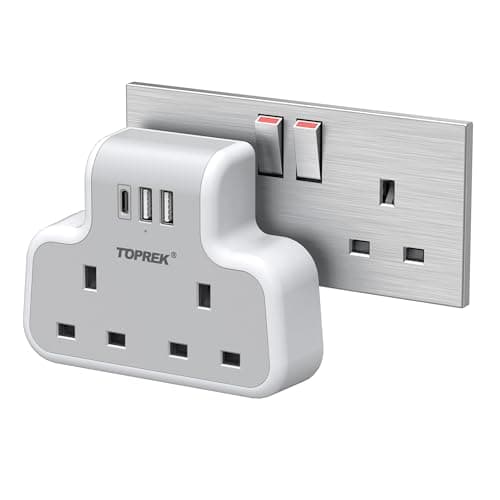 TOPREK Multi Plug Extension Socket with 2USB-A & 1USB-C, 2 Way Plug Adapter