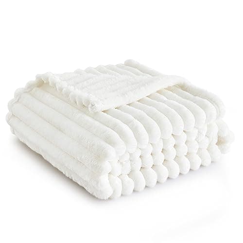 Bedsure Fleece Throw Blanket for Sofa - Fluffy Throw, Off White, 130x170 cm