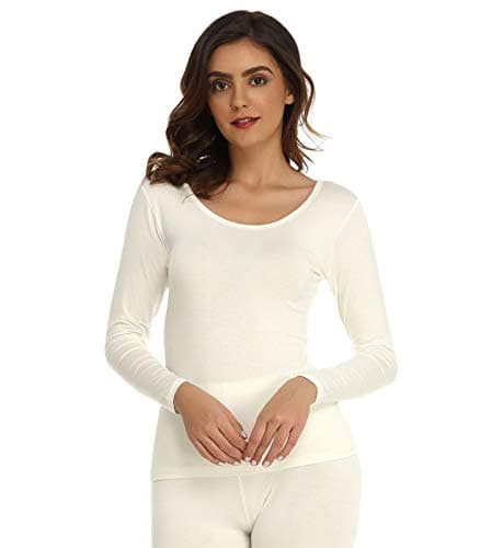 Mcilia Women's Ultrathin Modal Round Neck Long Sleeve Thermal Top/Shirt Off-White Medium (UK Size 12 14)
