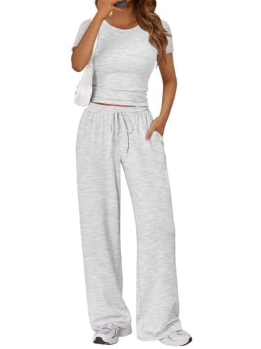 LILLUSORY 2 Piece Lounge Wear Sets for Women UK Summer Vacation Travel Outfit Airport Casual Elastic Waisted Wide Leg Trousers Co Ord Sets Dressly Capsule Wardrobe Clothing 2026 Oatmeal Grey XL