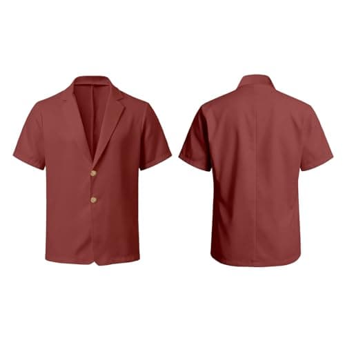 Men's Linen Summer Lightweight Suits Short Summer Shirt Set Figure-Shaping Travel Linen Suit Urban Expedition Oversize Short Sleeve Suit Beach Two Piece Leisure Suit, O Brick Red, M — view 6