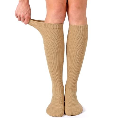 JASGOOD 2 Pairs Compression Socks for Women & Men,15-20 mmHg Knee High Travel Flight Socks for Cycling,Pregnancy,Long Standing,Work,Varicose Veins, Apricot, S/M — view 2