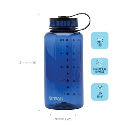 Smash 1 Litre Screw Cap Wide Mouth Water Bottle with Water Markings, Blue — view 3