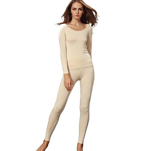 Liang Rou Women's Scoop Neck Stretch Top & Bottom Thin Thermal Underwear Set 1 Set Apricot One Size