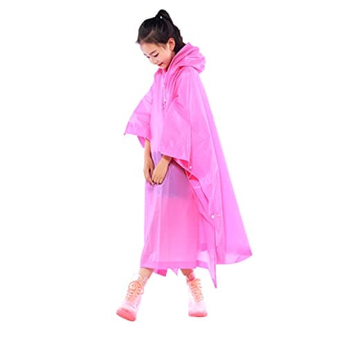 Rain Poncho For Kids, Waterproof Raincoat For Boys Girls, Resuable EVA Poncho, Drawstring Children Rainwear Rain Cape with Button and Hood, Toddler Rain Jacket For School Outdoor Hiking Travel(Pink)