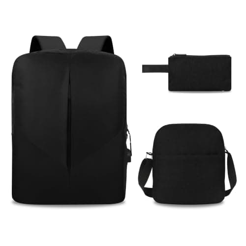 Men's Laptop Backpack with Crossbody Bag Pouch Wallet 3 PCS Set (Black)