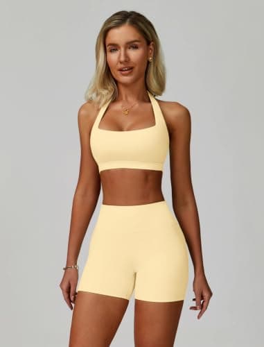 ABOCIW Workout Sets for Women Square Neck Halter Sports Bra High Waist Biker Shorts 2 Piece Gym Yoga Outfits, Butter Yellow, Small — view 2