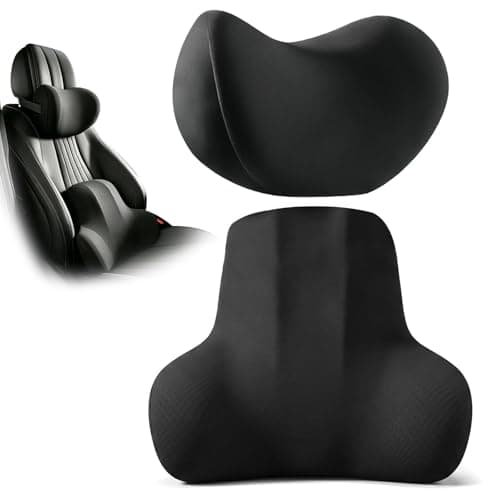 WORLUDE Car Lumbar Support Pillow and Car Neck Pillow Kit - Ergonomic Memory Foam Car Seat Headrest & Lumbar Cushion with Adjustable Strap - Comfortable & Breathable for Office Chair and Car Seat
