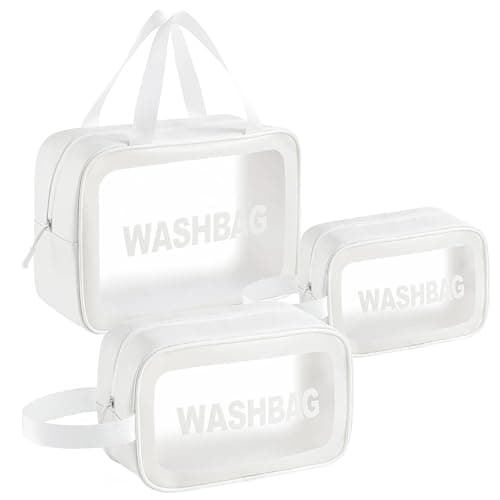 Woobroo Clear Travel Toiletries Bag for Women, 3 Pack Toiletry Bags with Zippers Travel Essentials PVC Waterproof Cosmetic Clear Wash Bag for Girls, White