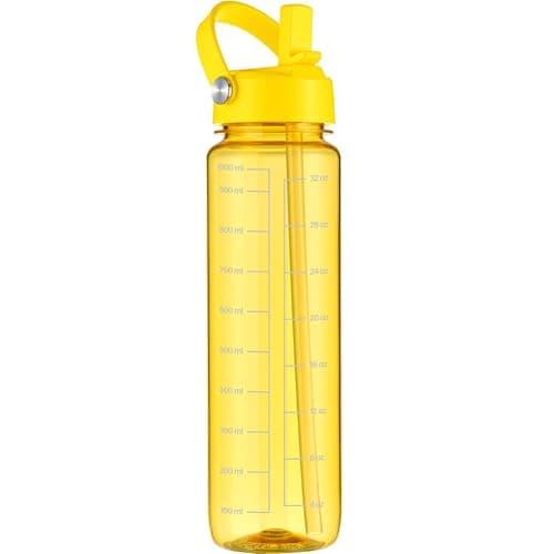 GOPPUS 1000ml/32oz Clear Water Bottle with Straw, Tritan Leakproof Sports Drinking Bottle, BPA Free Wide Mouth Gym Bottle with Handle and Measurement Marks for School, Gym, Travel (Yellow)