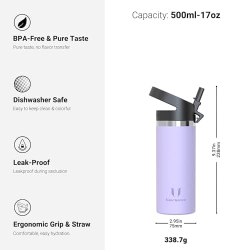 Super Sparrow Water Bottle Insulated - 500ml - Wide Mouth Metal Bottle - Wide Mouth SwivelSip Flask - BPA Free, Leak Proof - Ergonomic Straw Water Bottles for Work, Gym, Travel, Sports — view 3