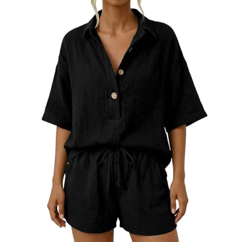 Linen Shorts Women Petite xxl xs White Red Two Piece Sets for Women Summer Cotton Linen Co Ord Sets Breathable Travel Vacation Outfits Short Sleeve Smart Button Down T Shirt Lightweight Fashion Outfit — view 3