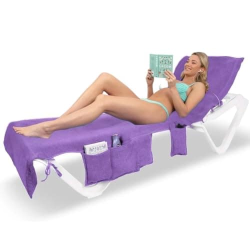 ITSA Terry Towelling Lightweight Beach Towel with Pockets & Handles | 100% Cotton Foldable Sun Lounger Cover | Carry Bag | Secure Storage Beach Towel. (LIght Purple)