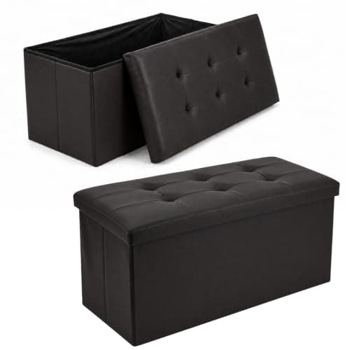 CROWNSHOP Ottoman Storage Bench Footrest Stool Seat Toy Chest Storage Box Folding with Lid Long Shoes Bench Footstool Suitable for Living Room (Black, Faux leather)