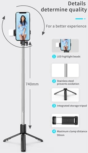 HCTian Selfie Stick Tripod,3 in 1 Extendable 360° Rotation Tripod Stand with Detachable Wireless Remote Portable Mobile Phone Holder Compatible with iPhone,Android,samsung (black) — view 5