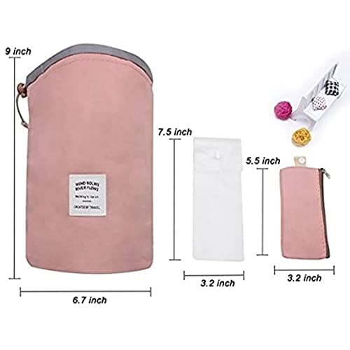 Women Travel Make Up Bag,Pouches Cosmetic Bags Girls Barrel Shaped Hanging Toiletry Wash Bags Nylon Drawstring Makeup Organizer Storage Bag + Small Zipper Pocket+PVC Transparent Brush Bag (Blue) — view 4