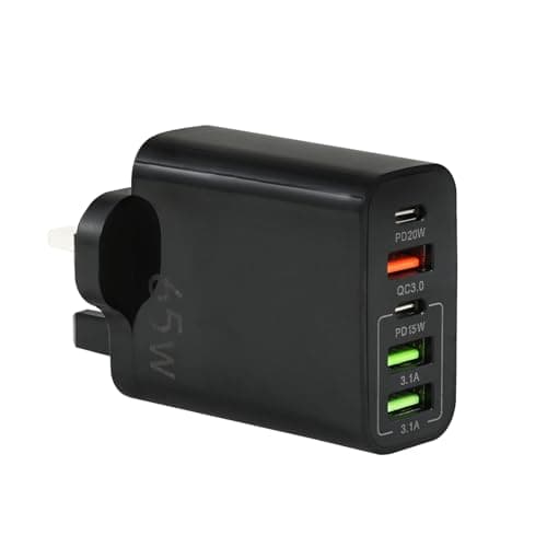 USB Plug Charger, 65W 5-Port Multi Charging Power Adapter with PD 20W Power Adapter QC 3.0 Fast Charging Plug for iPhone Samsung Galaxy, Huawei, Tablet (Black)