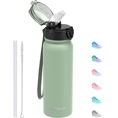 GOPPUS 600ml/20oz Stainless Water Bottle with Straw Double Wall Insulated Bottles with Strap One Hand Open Vacuum Thermal Flask with Flip Top Lid Leakproof Keep Cold Drinks BPA Free (Sage Green)
