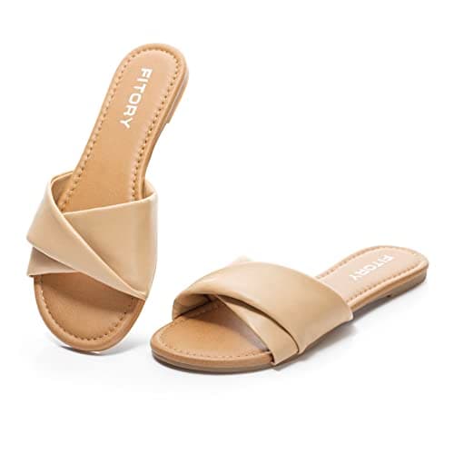 FITORY Women's Sandals Flat Slip On Leather Summer Slide Light Tan Size 4