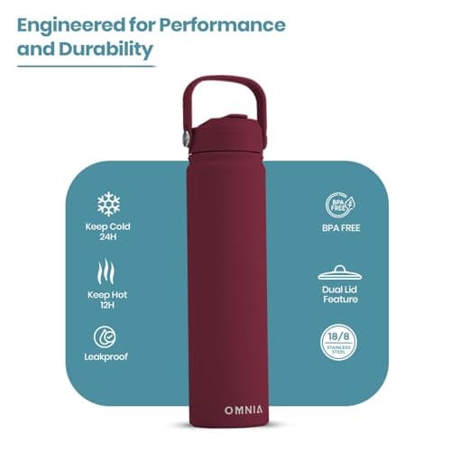 OMNIA NUTRIENTS Vacuum Insulated Stainless Steel Water Bottle, 2 Lids (Straw & Spout) Leakproof, BPA-Free, Reusable Flask Ideal for Travel and Outdoors (Burgundy - 750 ml) — view 2