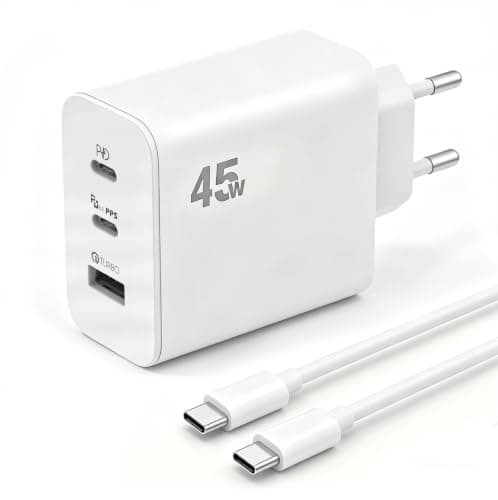 EU plug travel adapter charger, 45W European plug travel charger with 2 USB-C fast charging ports and 1 USB-A port, with 65W USB C fast charging cable — view 2