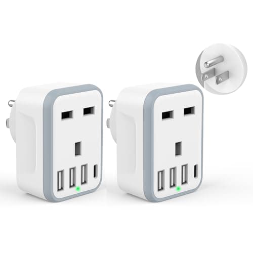 Loydia UK to US Plug Adaptor, 2 pack USA Travel Adapter with 3 USB &1 USB C Ports, 5 in 1 US Plug Adapter from UK to USA, Canada, Thailand, Mexico, Colombia (Type B)