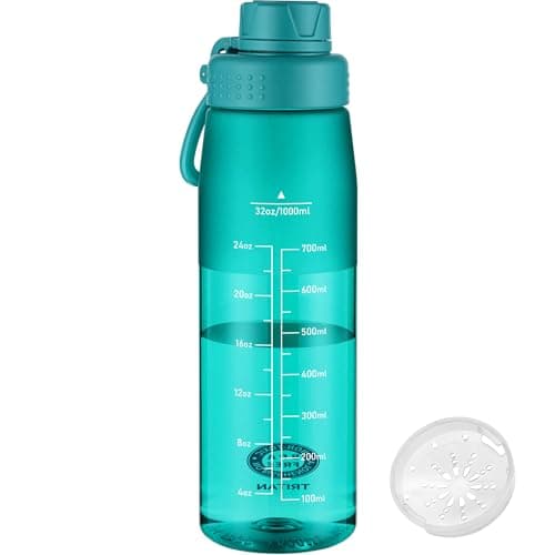 GOPPUS 1L/32oz Clear Tritan Water Bottle with Screw Lid, Drinks Bottle with Wide Mouth, Fruit Infuser, Leakproof, BPA Free, Carry Handle, Measurement Markings, Dust Cap (Turquoise)