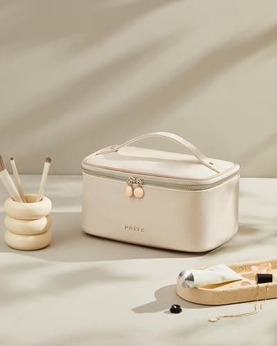 Prite Makeup Bag Toiletry Case for Women with Brush Holder, Beige, Standard — view 2