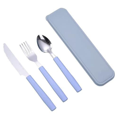 Camping Cutlery, Set of 3 Stainless Steel Travel Cutlery with Case, Cutlery Set to Go, Reusable Camping Cutlery for Outdoor, Travel, Work, School, Dishwasher Safe, Blue
