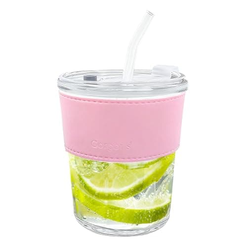 LTHERMELK Tumbler with Straw and Lid - 400ml Glass Straws, Cold Brew Iced Coffee Cup for Car Travel, Reusable Frosted Glass Tumbler with Leather Sleeve & Straw (Pink)